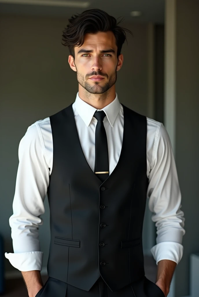 A man, handsome, attractive, with messy black hair, tall, in his 20s, green eyes, no beard, wearing a white shirt with the sleeves cuffed to his elbow, black tie, black vest, CEO vibes, masculine