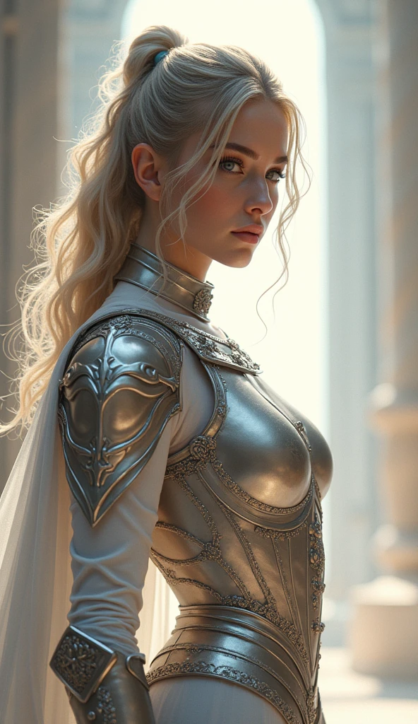 (photorealism:1.2),
Soudain, une lumière vacillante attire l'attention de cette guerrière à plastron argenté incrusté d'or, et elle plisse les yeux, sentant une présence sombre se cacher dans les structures en ruine en marbre Tirant son arc céleste incrusté de pierres précieuses, une flèche de pure lumière se manifeste entre ses doigts alors qu'elle se prépare à affronter la menace inconnue.