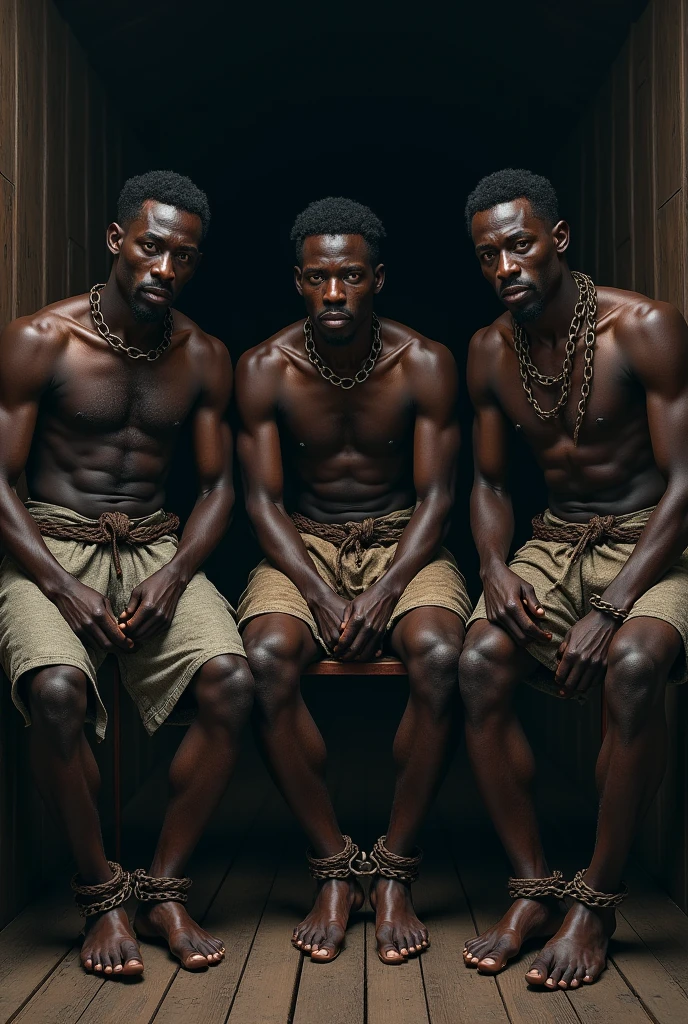 Three black slave men chained with shackles on their feet and necks, They are sitting on the floor, in a ship's hold in the dark