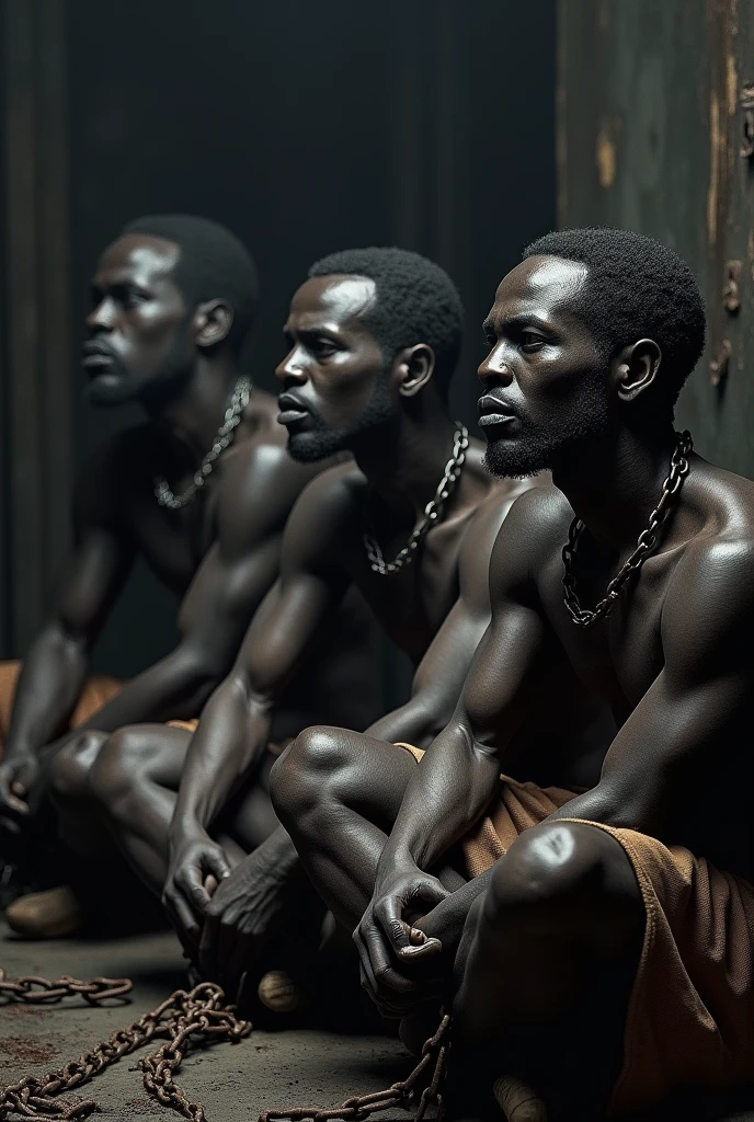 Three black slave men chained with shackles on their feet and necks, They are sitting on the floor, in a ship&#39;s hold in the dark