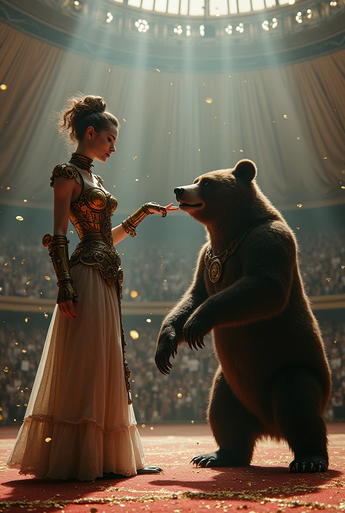 a steampunk lady wearing cogs and mechanical elements that looks like a ring master inside a circus tent with a bear doing tricks, wearing a long fantasy outfit made of cogs and mechanical elements pale skin is holding out her hand to a bear inside a circus tent , dark dramatic lighting surrounded by confetti and glitter against backdrop of an empty Circus tent , in the style of fantasy art.
