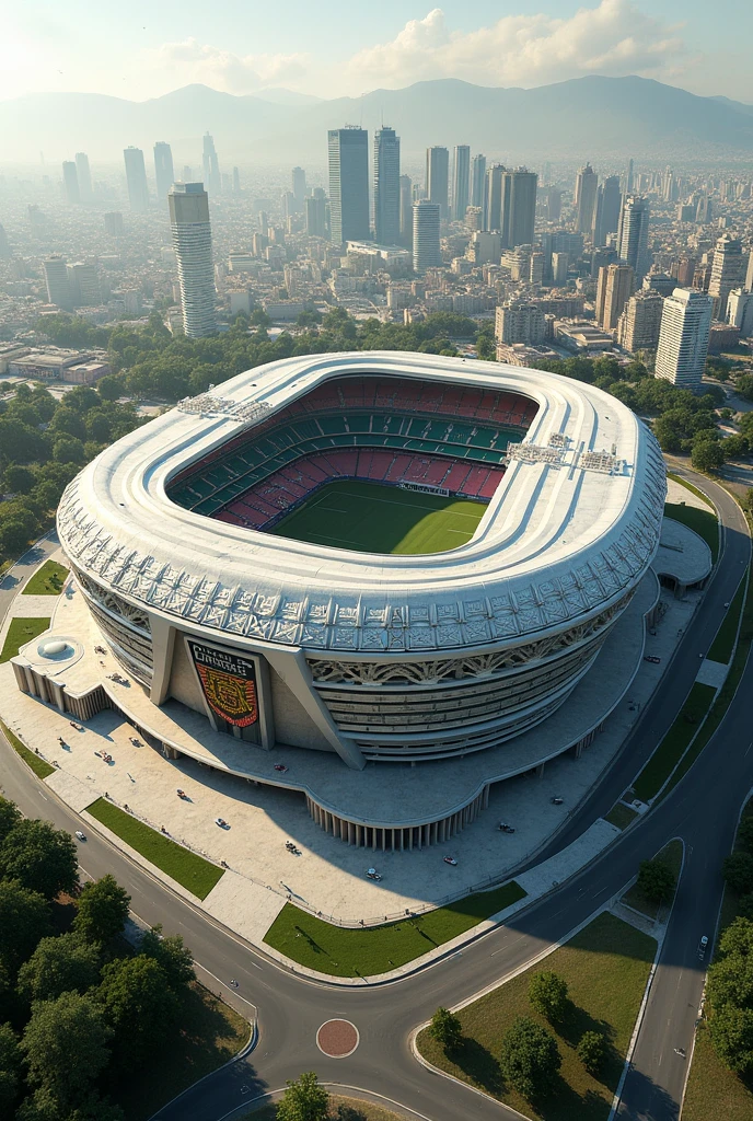 Make me a stadium for Mexico in the 2026 World Cup Make it more modern and with the Aztec stadium with a giant Aztec at the entrance of the stadium now with a shot of the entire stadium now with a city around it and the stadium with touches of white, green and red but the stadium that is like the Aztec and that is more Mexican the stadium but now with the head of a giant stone Aztec in the stadium and a shot of the sun complete stadium now the stadium a shot from above now the stadium much larger in width and length