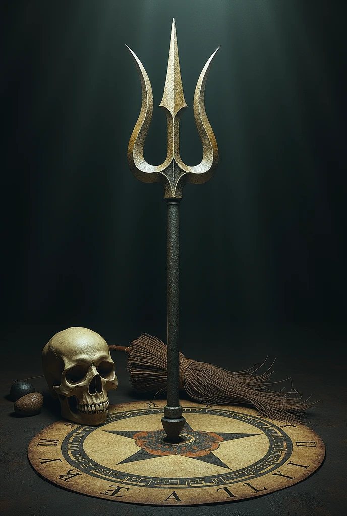 Exu's trident in the middle of a circle, with a skull and a broom