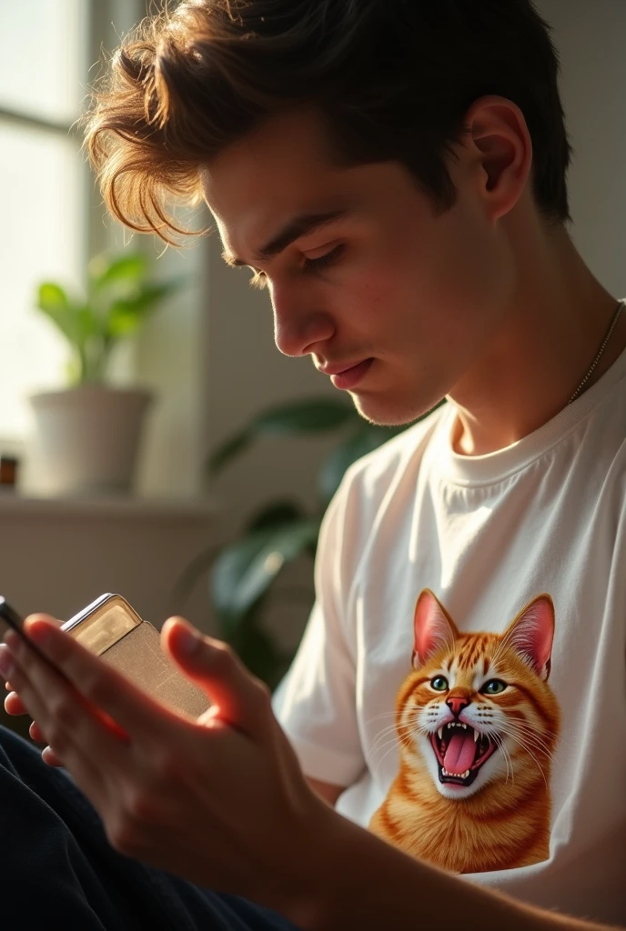 A high-resolution close-up shot of a young man named {Pappu} staring intently at a picture of a cat printed on his girlfriend's t-shirt. The scene is set in a cozy, well-lit room with soft, natural daylight streaming through a nearby window. The cat image on the t-shirt is detailed and vibrant, with a playful expression. Shot with a 50mm lens to focus on the expressions, the background is slightly blurred, emphasizing the connection between Pappu and the cat image.