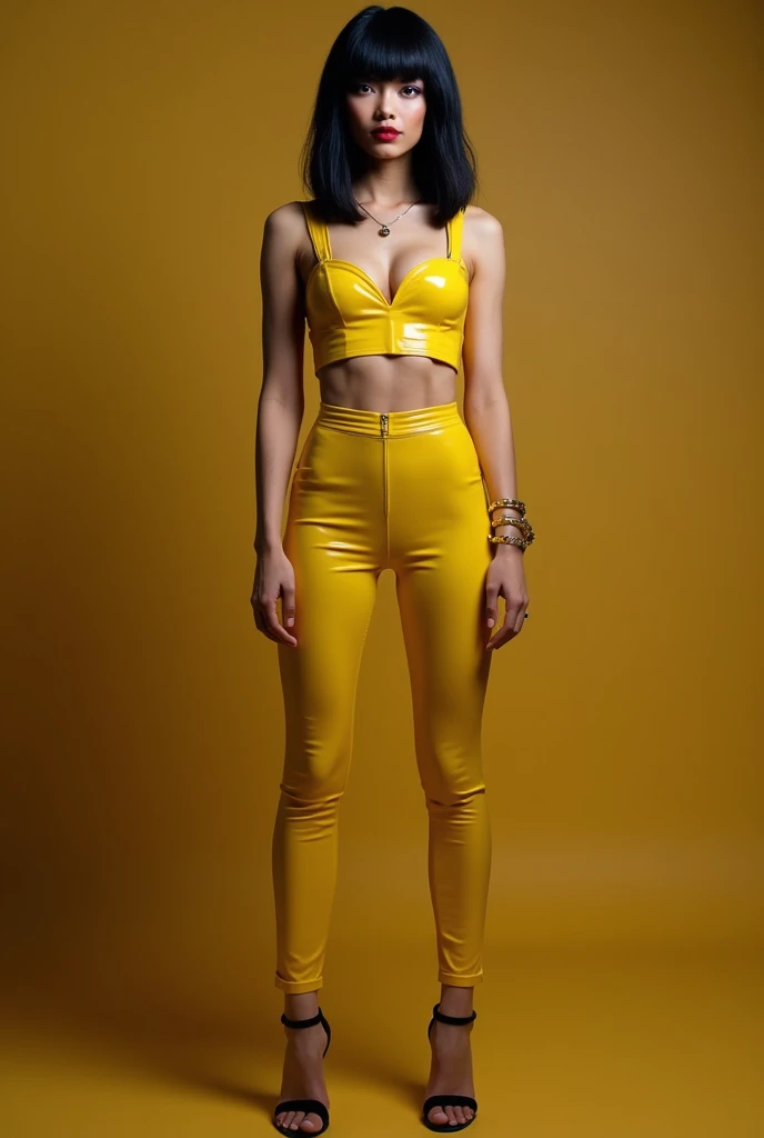 A stylish 50-year-old androginous boy with shoulder-length black bob style
hair, wearing a chic latex yellow crop top, high-waisted tight mini-disco latex pants appreciating the male bulge in the groin, and a pair of black high heels sandals, adding a touch of elegance to his outfit, golden metal bracelet. The overall atmosphere of the image is intimate and modern, with a hint female of timeless elegance. Front sight