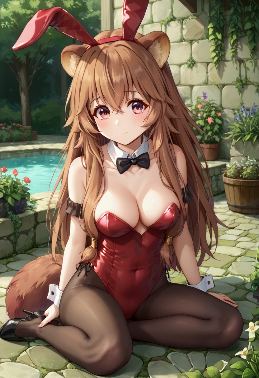 score_9,score_8, (((perfect face))), (medium breasts), focus breasts, full body view, {looking at viewer},(brown hair), (bangs), (long hair), (animal ears), (raccoon ears), (raccoon girl), (raccoon tail), 1girl, raphtalia, (pink eyes), (detailed eyes), (perfect Eyes), garden, cleavage, outdoors, bare shoulders, black pantyhose:1.3, bowtie:1.3, rabbit ears:1.3, red leotard:1.3, wrist cuffs, strapless, detached collar, fake animal ears, playboy bunny, black bowtie,
