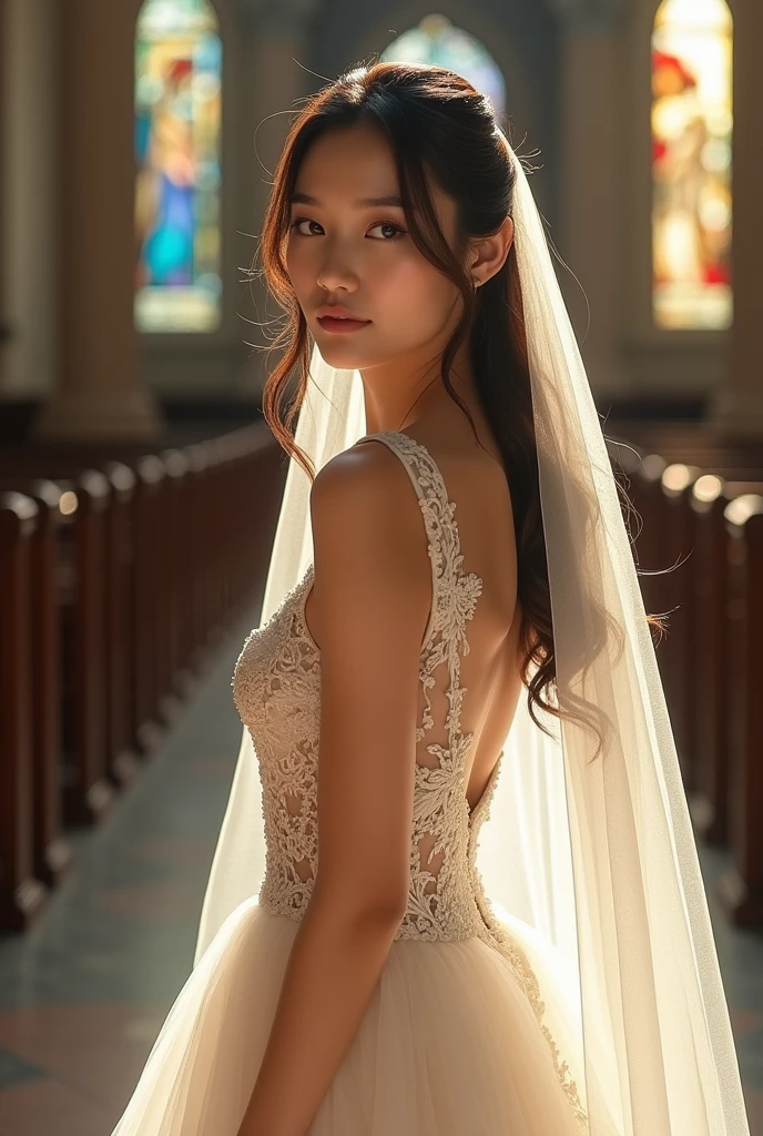 extremely beautiful asian woman, wearing wedding clothes, full body portrait, translucent body, front angle, curvy woman body shape, (small sized tits:1.2), (small sized tits:1.2), inside the church, (smooth skin:1.5), extremely detailed, (32k, RAW photo, UHD:1.2, captured by Hasselblad X2D), ultra detailed, ultra high resolution