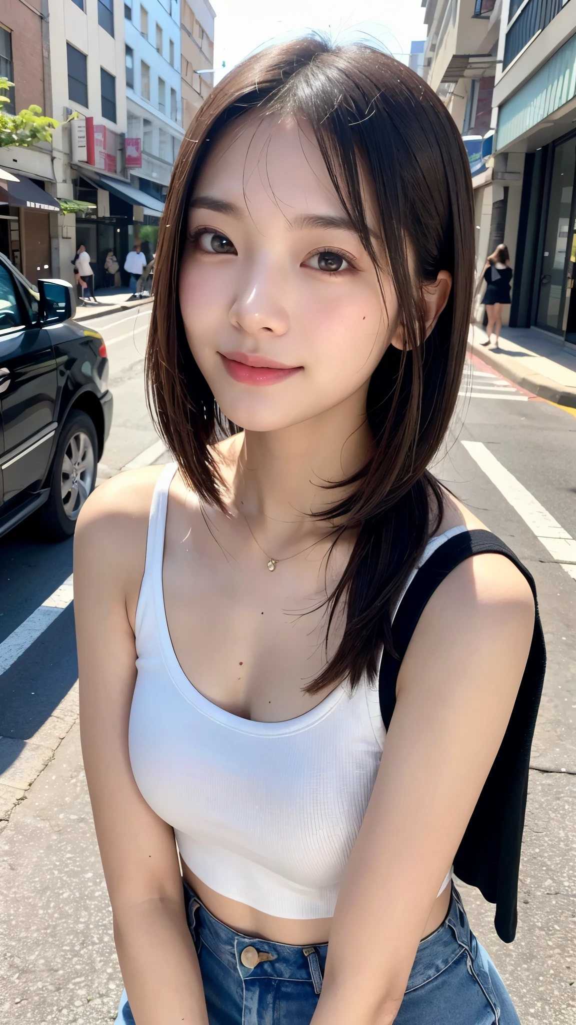 (((Brown, shoulder-length, straight short bob)))、(((Her background is in downtown Hawaii..、Pose like a model at the hair salon.)))、(((Casual black winter street fashion)))、Face close-up、Half Japanese and half Korean、18-year-old girl、independent、look forward to、Light eye makeup、Brown Hair Color、flat 、Hair blowing in the wind、Quality of actress、Shiny, Ultra-realistic faces、Smile expression、Watery eye、look up、Pleasant lighting effects、 Ultra-Realistic Capture、Very detailed、High resolution 16k human skin closeup。Skin texture must be natural、Must be so detailed that pores are visible、skin is healthy、There must be a unified tone、Use natural light and color、High quality photos taken by modeling agencies&#39;Exclusive photographer、smile
