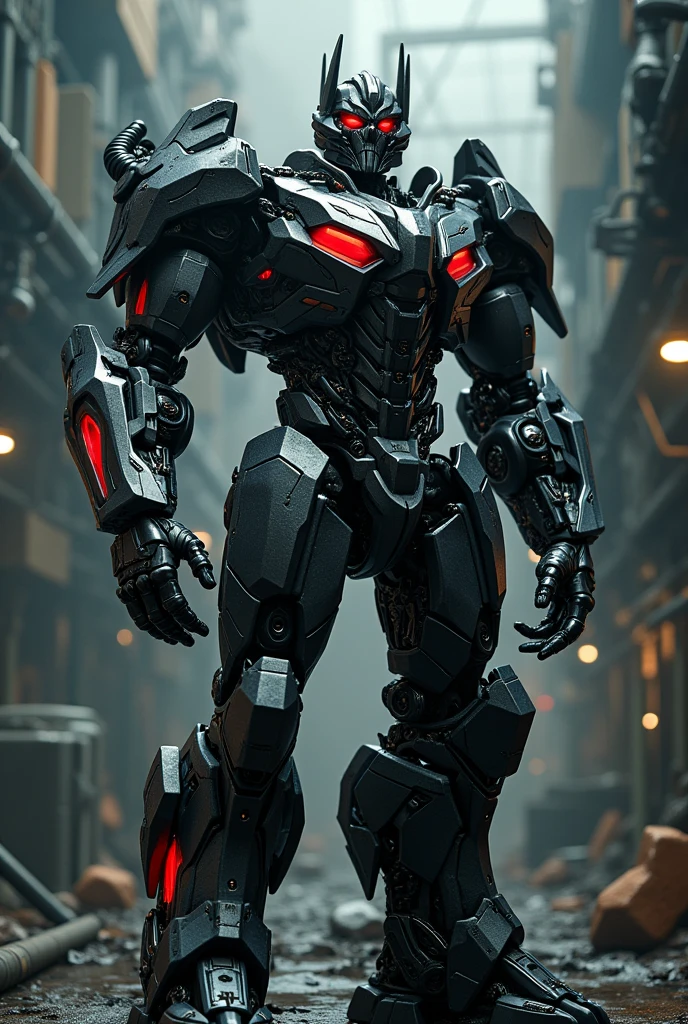 intricate detailed 3d render of Megatron from Transformers, highly detailed cybernetic armor, glowing red eyes, sharp angular features, menacing expression, complex machinery, advanced technology, industrial futuristic setting, dramatic lighting, cinematic composition, muted color palette, dark shadows, powerful and imposing presence