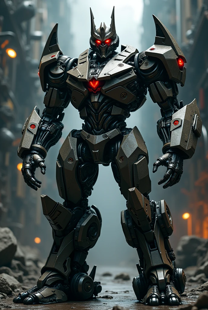 intricate detailed 3d render of Megatron from Transformers, highly detailed cybernetic armor, glowing red eyes, sharp angular features, menacing expression, complex machinery, advanced technology, industrial futuristic setting, dramatic lighting, cinematic composition, muted color palette, dark shadows, powerful and imposing presence