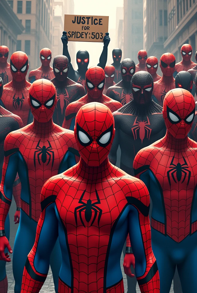 Many Spiderman and Spiderman of thousands morals with a sign that says justice for Spidey503