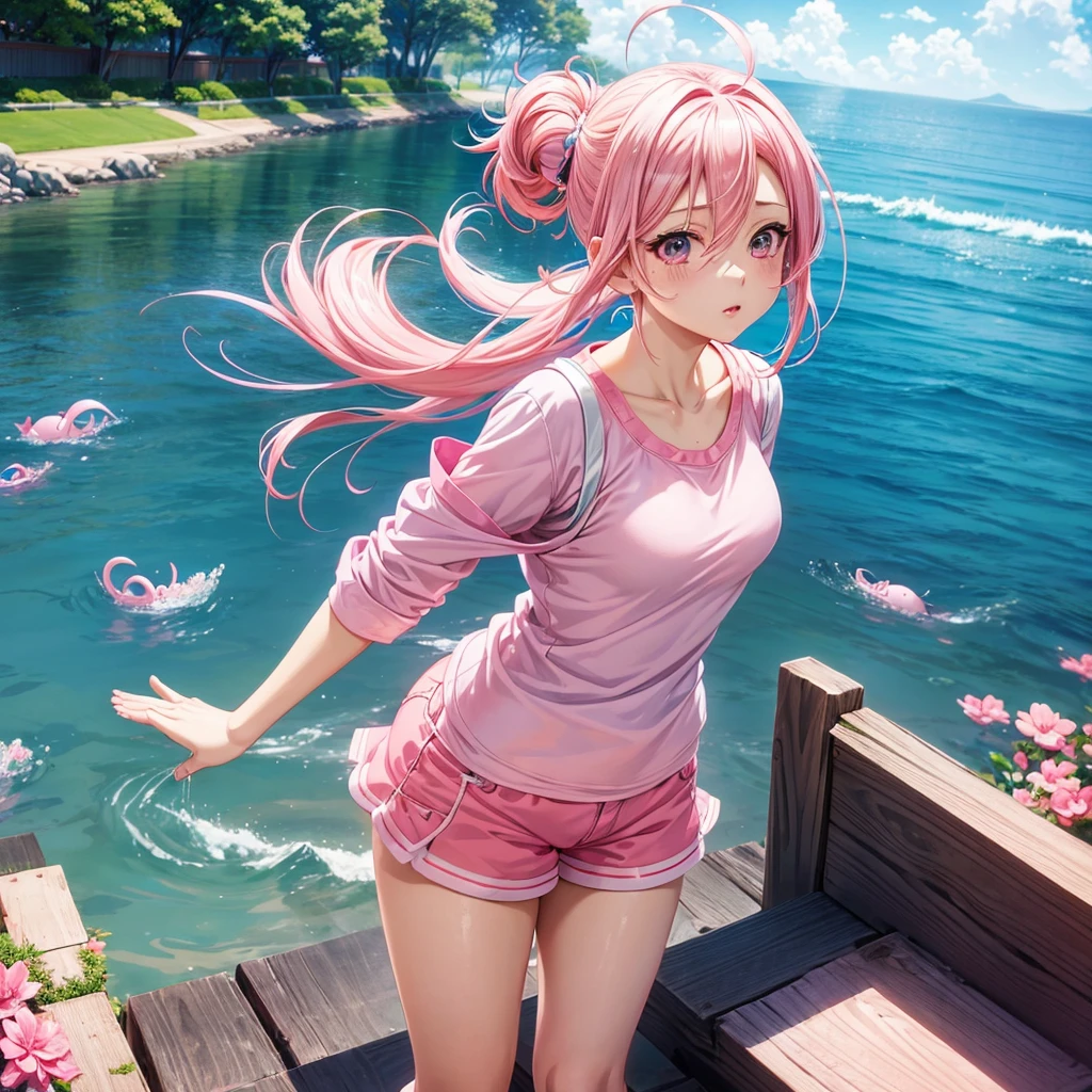 anime girl with pink hair and a pink top and blue shorts, Pink ponytail hair and cyan eyes, Smooth anime CG art, seductive anime girl, anime grandma, anime girl, Humanoid pink female squid girl, Sakura Haruno, Anime visuals of cute girls, ecchi anime style, cute anime girl, kawaii realistic portrait, pretty anime girl