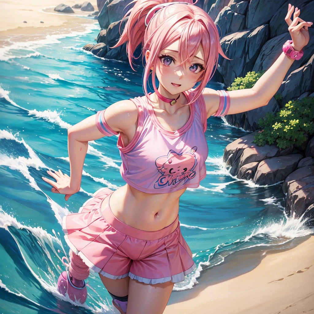 anime girl with pink hair and a pink top and blue shorts, Pink ponytail hair and cyan eyes, Smooth anime CG art, seductive anime girl, anime grandma, anime girl, Humanoid pink female squid girl, Sakura Haruno, Anime visuals of cute girls, ecchi anime style, cute anime girl, kawaii realistic portrait, pretty anime girl