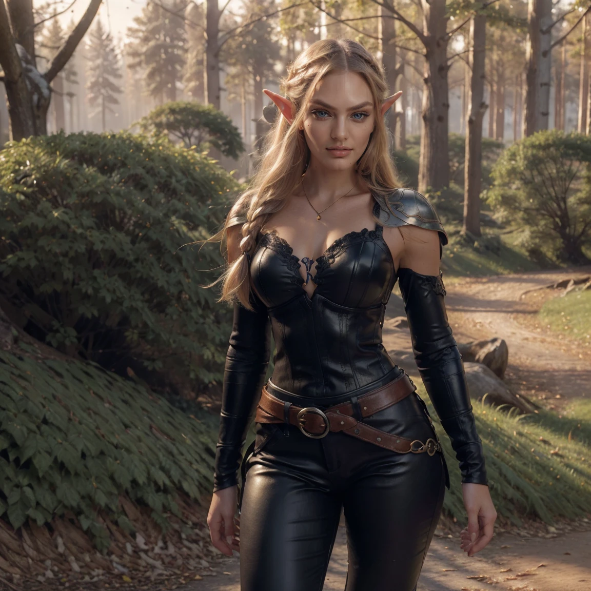 (Best Quality), (ultra-detailliert), (master piece), (hight resolution), (Original), (the Extremely Detailed CG Unity 8K Wallpapers), [:(Face detail: 1.4): 0.4], 16K resolution, 1 girl, 18 years young, medieval setting, (elven featured face, small beautiful elven ears, beautiful light blue eyes, long blond hair), (black leather armor, black leather pants, braided leather, elven design), white bra is revealed under armor, arrogant facial expression, conceited, confident, decadent (oak forest, giant oak tree, detailed forest in background, sunset background, bright lights, brightly lit), skintight armor, wearing golden necklace, beautiful golden braclets, knik hips, slim waist, slim body, wears wide golden hip belt with golden buckle, hip belt is adjusted too tightly, hip belt cuts into waist, looks at camera, close up portrait