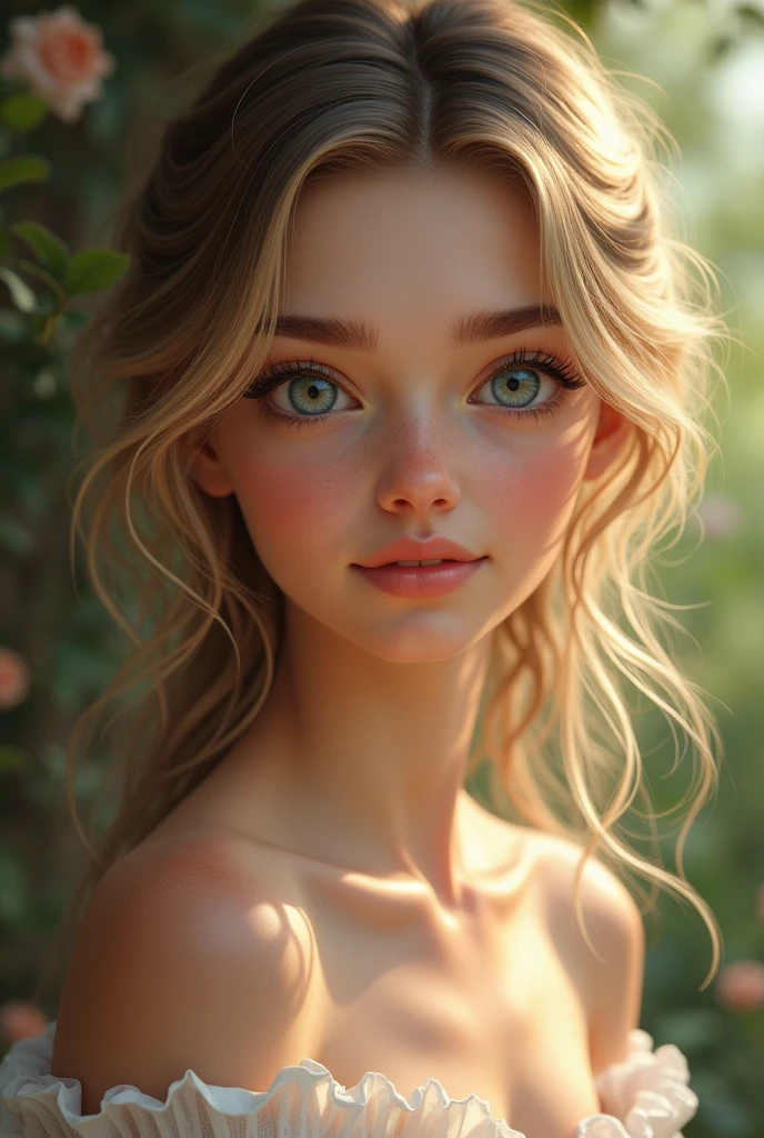 round face, beautiful nose, round face de pero definida, blue eyes, White skin, blonde with brown lights, cute teeth, thick lips, camananses, organic natural eyebrows, large eyes, medium and large chest