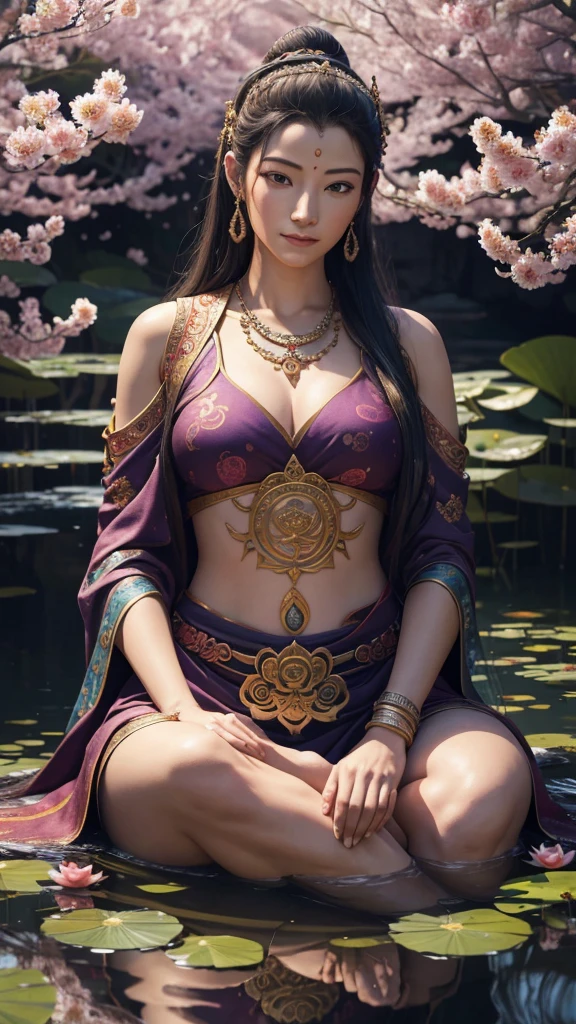 a compassionate bodhisattva avalokiteshvara with multiple arms holding symbols of mercy, serene expression, sitting in lotus position, tranquil garden with cherry blossoms and reflective pond, (best quality,4k,8k,highres,masterpiece:1.2),ultra-detailed,(realistic,photorealistic,photo-realistic:1.37),extremely detailed eyes and face,longeyelashes,stunning colors,divine lighting,digital painting,concept art