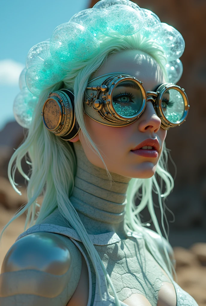Ethereal Cyborg Woman, bioluminescent jellyfish tiara. Steampunk goggles merge with translucent tentacles. Cracked porcelain skin meets iridescent scales. Mechanical implants and delicate tendrils intertwine. Human characteristics with an otherworldly glow. Dreamy aquatic tones contrast with aged metal. Reflective eyes capture invisible worlds. Gentle bioluminescence meets a harsh desert landscape. Fusion of organic and synthetic, ancient and futuristic. Hyper-detailed textures, surreal atmosphere.