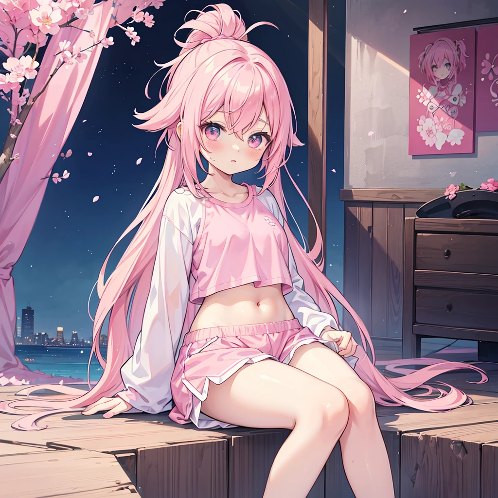 anime girl with pink hair and a pink top and blue shorts, Pink ponytail hair and cyan eyes, Smooth anime CG art, seductive anime girl, anime grandma, anime girl, Humanoid pink female squid girl, Sakura Haruno, Anime visuals of cute girls, ecchi anime style, cute anime girl, kawaii realistic portrait, pretty anime girl