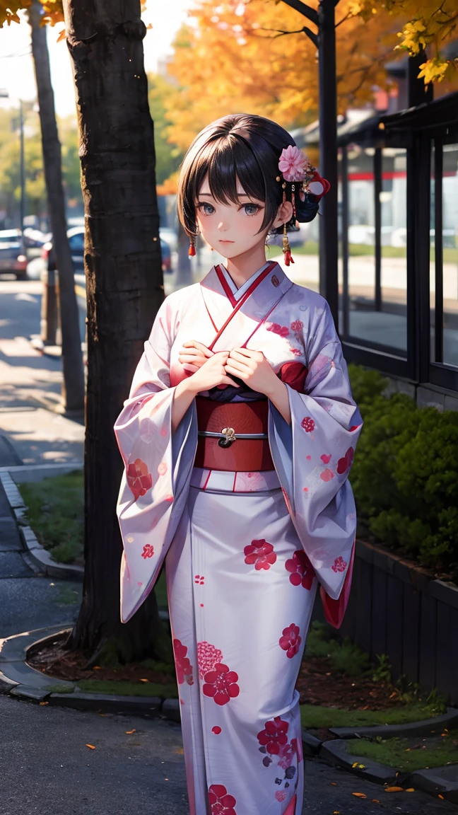 A woman in a kimono stands in front of a tree.