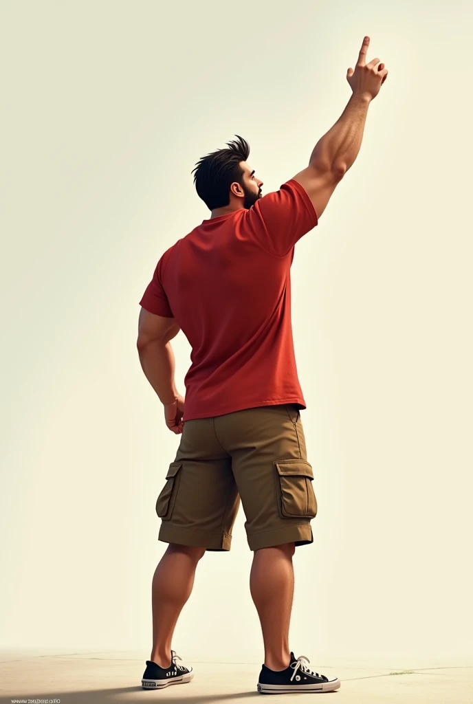 Muscular man wearing a shirt with long shorts Long loose shorts With pockets on the sides with converse sneakers red T-shirt and brown shorts Long short, Normal musculature Aim at the sky with your arm extended upwardsWith his back turned, he pointed to the sky