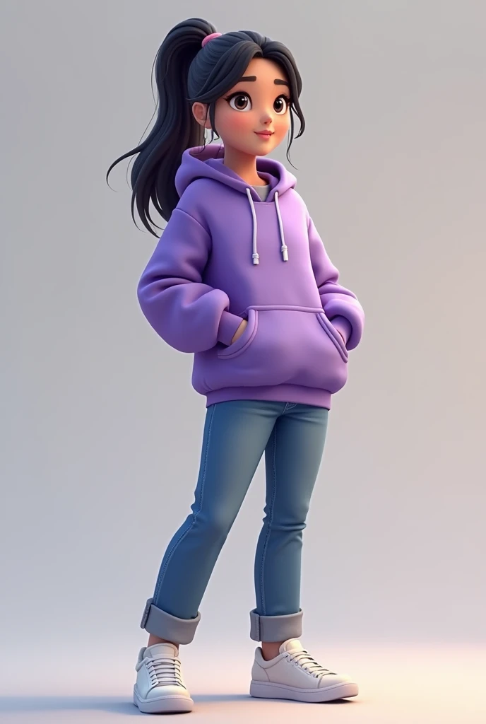 Light skinned female character, black hair tied in a ponytail, He wears a thick purple hooded sweater and jeans with white sneakers.