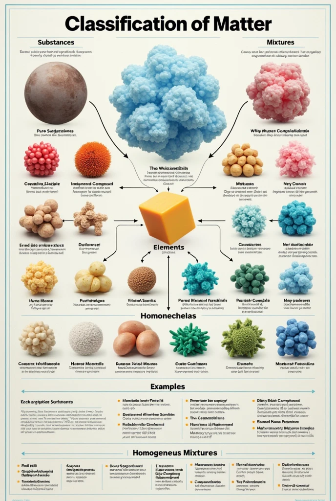 the classification of matter that includes pure substances,mixtures compounds,Elements,homogeneous mixtures,heterogeneous mixtures, their classification of each of these as well as examples