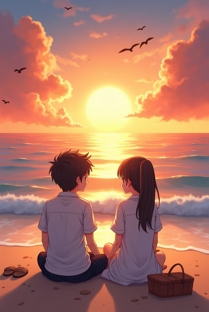 A engineer boy and doctor girl
sitting on the beach in the evening sunset anime