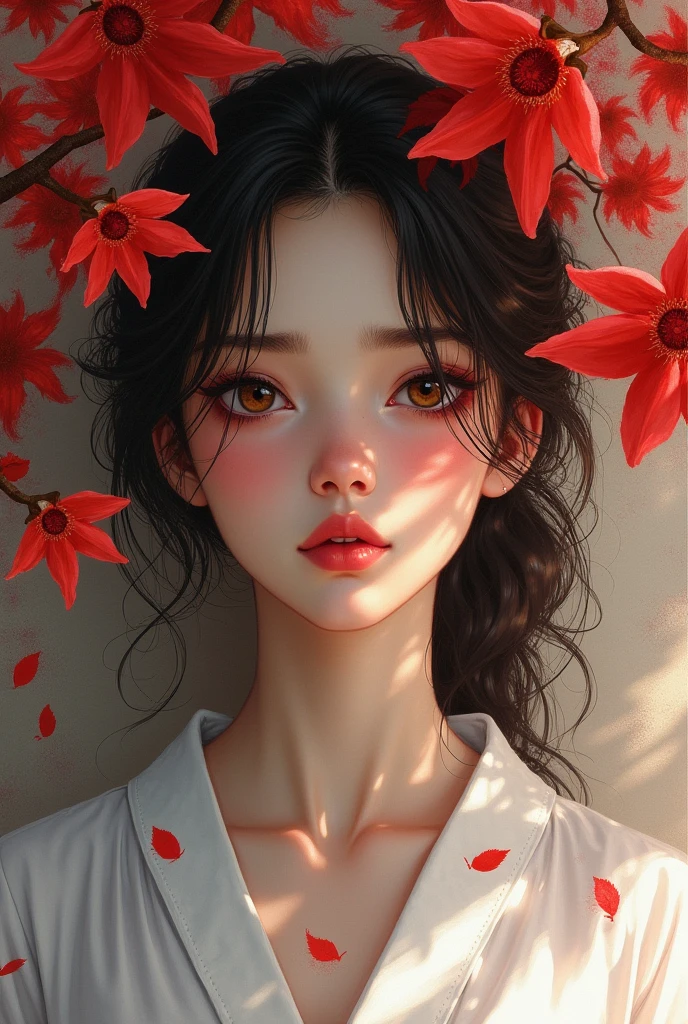 Brunette woman the woman brown eyes is broken dressed in white she cries the background these are Japanese lycoris drawing painting in water 