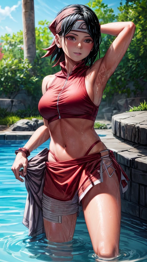masterpiece, in detail every detail feature drawing everything, Sarada Uchiha, medium growing breast, She is wearing a red two-piece bikini, hands up stage in a pool all wet from the water heat sweat hot day masterpiece 4K HD high resolution , short black hair. He wears a red bandana on his forehead and armpits. 