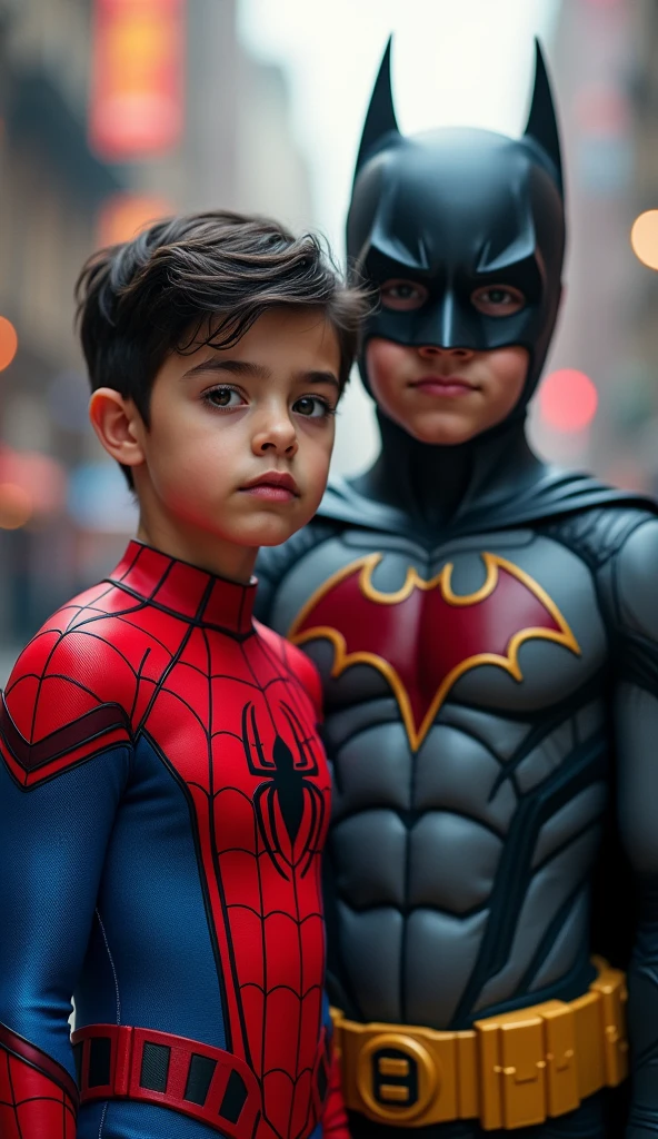 two cute kids as Batman and Spiderman, Batman is 7 years old and Spiderman is 3 years old, batman has black hair, short hair, facing camera, look at the camera, extremely detailed portrait, beautiful detailed eyes, beautiful detailed lips, extremely detailed facial features, detailed superhero costume, superhero poses, dynamic action, vibrant colors, cinematic lighting, epic fantasy, digital art, 8k, high resolution, hyper detailed, photorealisti4
