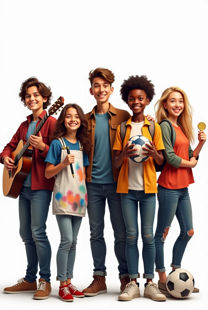 Group of 6 young people made up of:
Young man with brown hair, He is 18 years old and is dedicated to music, He has a guitar in his hand.
A 22-year-old girl with brown hair and short hair, He is an artist with a brush in his hand and a smock full of paint.
A young dark-skinned student, casual outfit A 17-year-old soccer player in his team's uniform and a ball in his hand A 25-year-old brown-haired blonde girl, Volleyball player with ball in hand, gold medal and smiling.
A 24-year-old entrepreneur in a casual suit.
Everyone is happy and excited that it is a casual photo, realist, WITH WHITE BACKGROUND