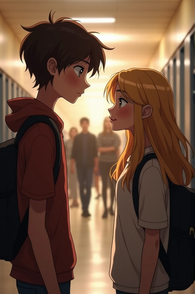 A 13-year-old boy confesses his love to a 16-year-old blonde girl at school