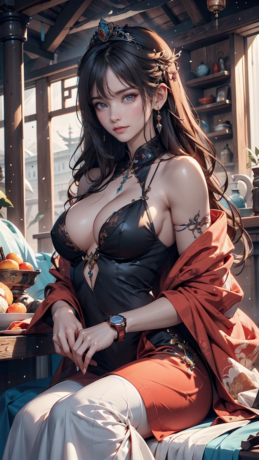 There is a woman sitting on the beach holding a watch, Queen of the Sea Mu Yanling, Beautiful digital art, Highly detailed digital art in 4K, Beautiful Fantasy Empress, 8K high quality, detailed art, Fantasy Beautiful, Jan J, Beautiful gorgeous digital art, Gwaiz, artwork in the style of Gwaiz, Beautiful fantasy art, Chinese Fantasy