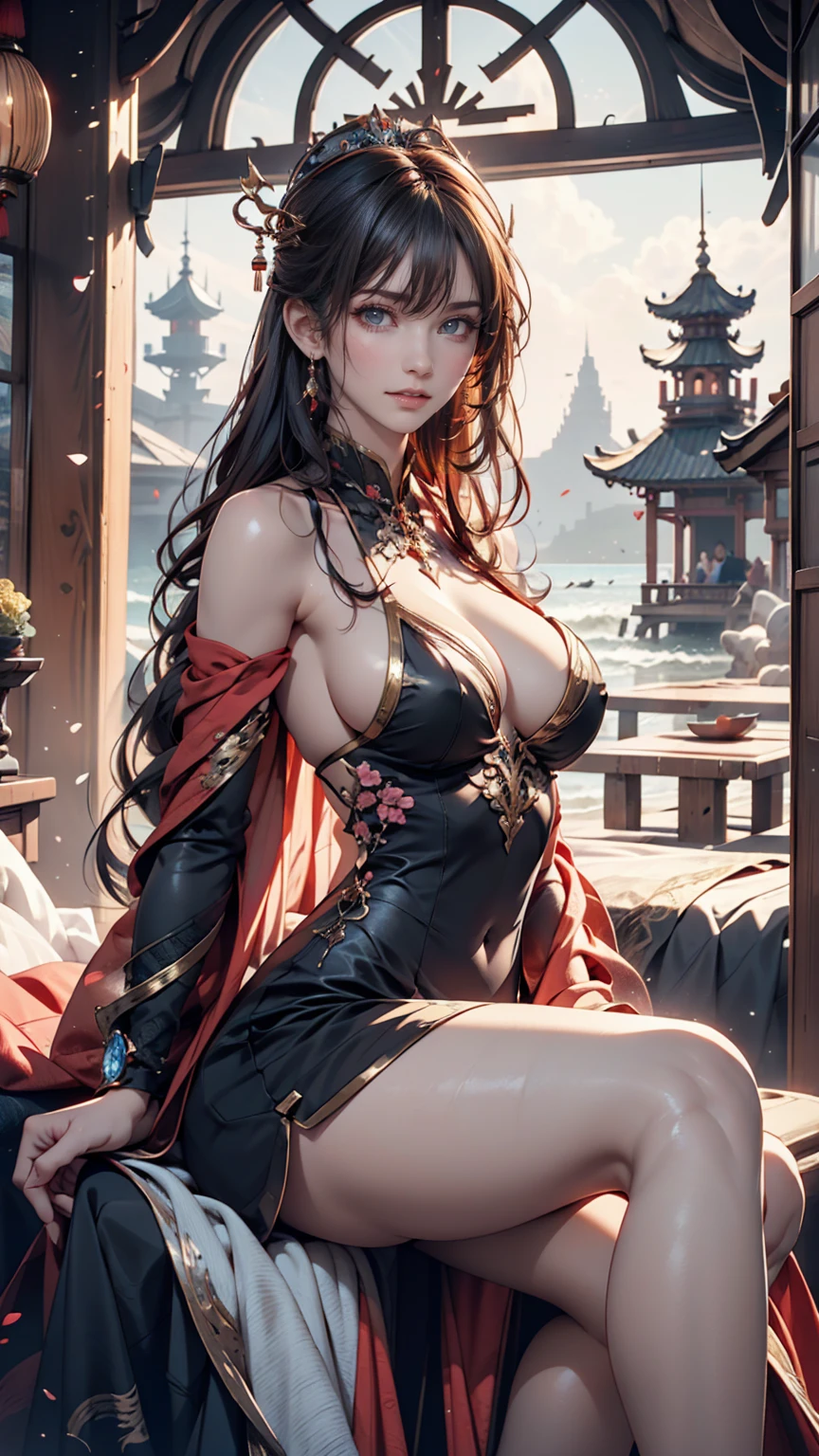 There is a woman sitting on the beach holding a watch, Queen of the Sea Mu Yanling, Beautiful digital art, Highly detailed digital art in 4K, Beautiful Fantasy Empress, 8K high quality, detailed art, Fantasy Beautiful, Jan J, Beautiful gorgeous digital art, Gwaiz, artwork in the style of Gwaiz, Beautiful fantasy art, Chinese Fantasy