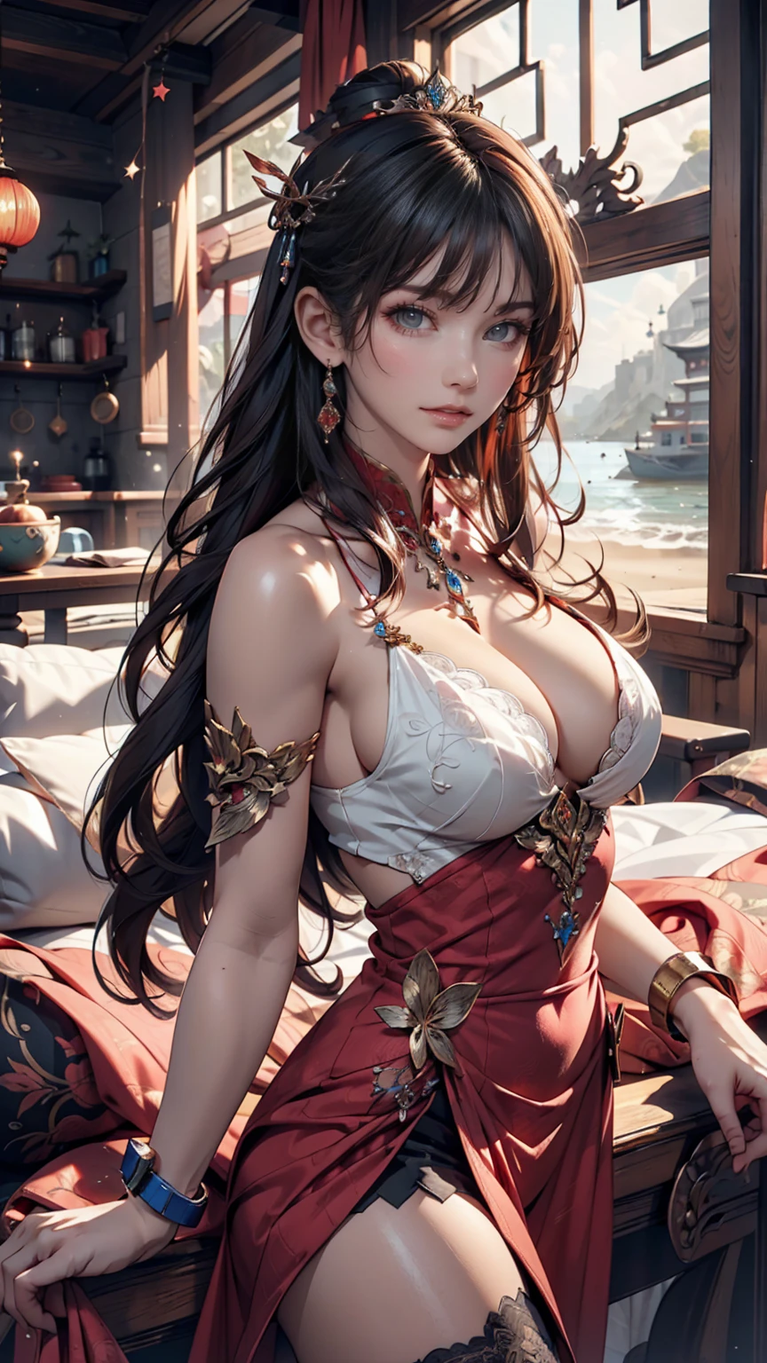 There is a woman sitting on the beach holding a watch, Queen of the Sea Mu Yanling, Beautiful digital art, Highly detailed digital art in 4K, Beautiful Fantasy Empress, 8K high quality, detailed art, Fantasy Beautiful, Jan J, Beautiful gorgeous digital art, Gwaiz, artwork in the style of Gwaiz, Beautiful fantasy art, Chinese Fantasy
