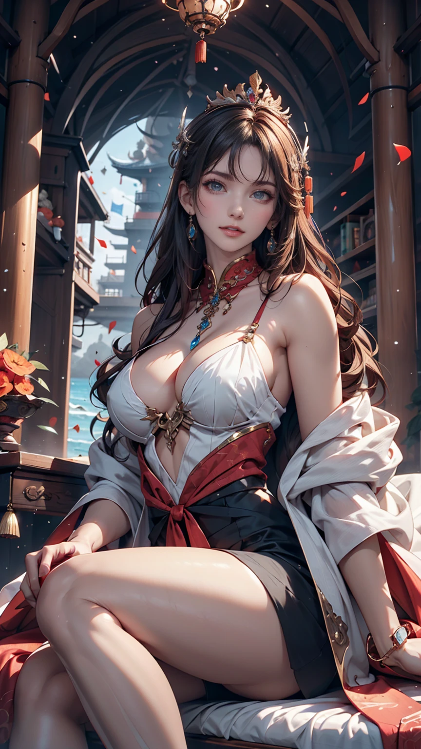 There is a woman sitting on the beach holding a watch, Queen of the Sea Mu Yanling, Beautiful digital art, Highly detailed digital art in 4K, Beautiful Fantasy Empress, 8K high quality, detailed art, Fantasy Beautiful, Jan J, Beautiful gorgeous digital art, Gwaiz, artwork in the style of Gwaiz, Beautiful fantasy art, Chinese Fantasy