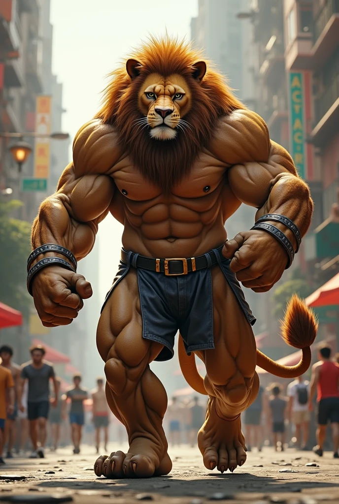 ((foto crua)), ((obra-prima)), Anthropomorphic humanoid lion bodybuilder wearing ((nothing)), andando entre as pessoas, detalhe intrincado, intricate Greebles pieces, 12k, city behind, muscular arms, rabo, small head, giant trapezoid, Ogro monstruoso, Titan, soft-lighting, ((boxing pose))