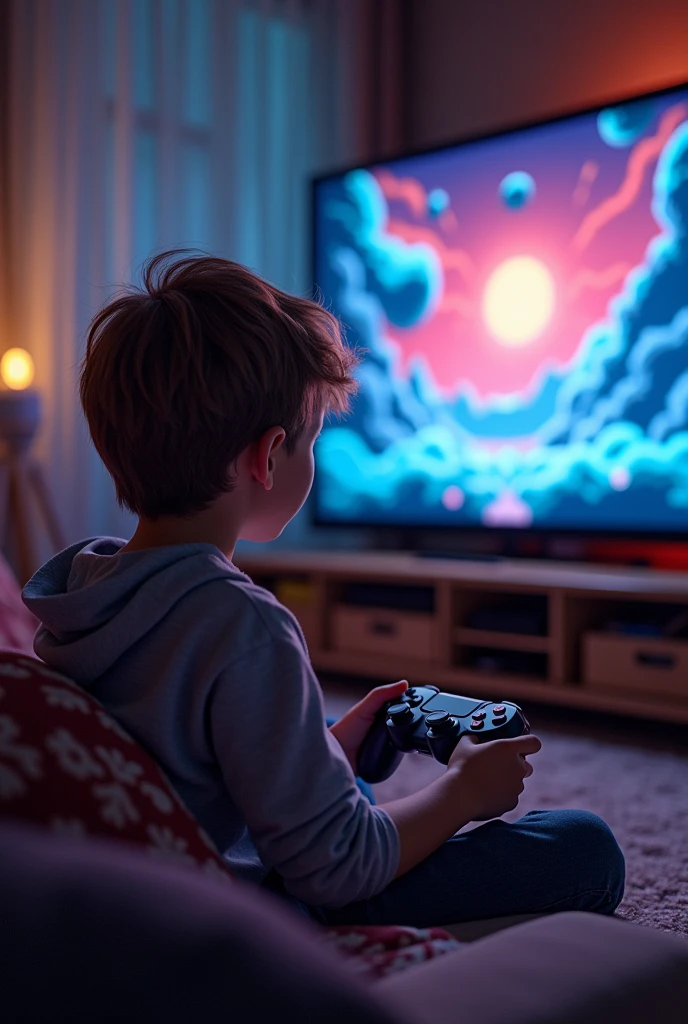 boy playing retro style video games with big tv in front so you can see the TV
