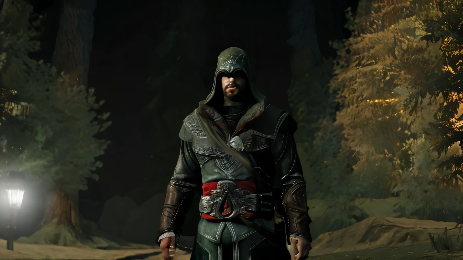 The mystic night stalker male character, called 'The Twilight Stalker', has a short beard and glowing white eyes in the dark like lights, and wear a hood similar to the hero from Assassin Creed, Robin Hood type look. The scene is very dark at nighttime in a forest near a village with the overall tone mysterious and shadowy. 