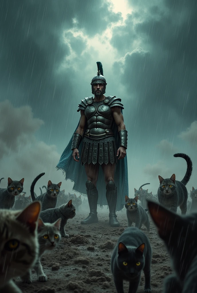 a horrible and scary weather with roman soldier scared cats