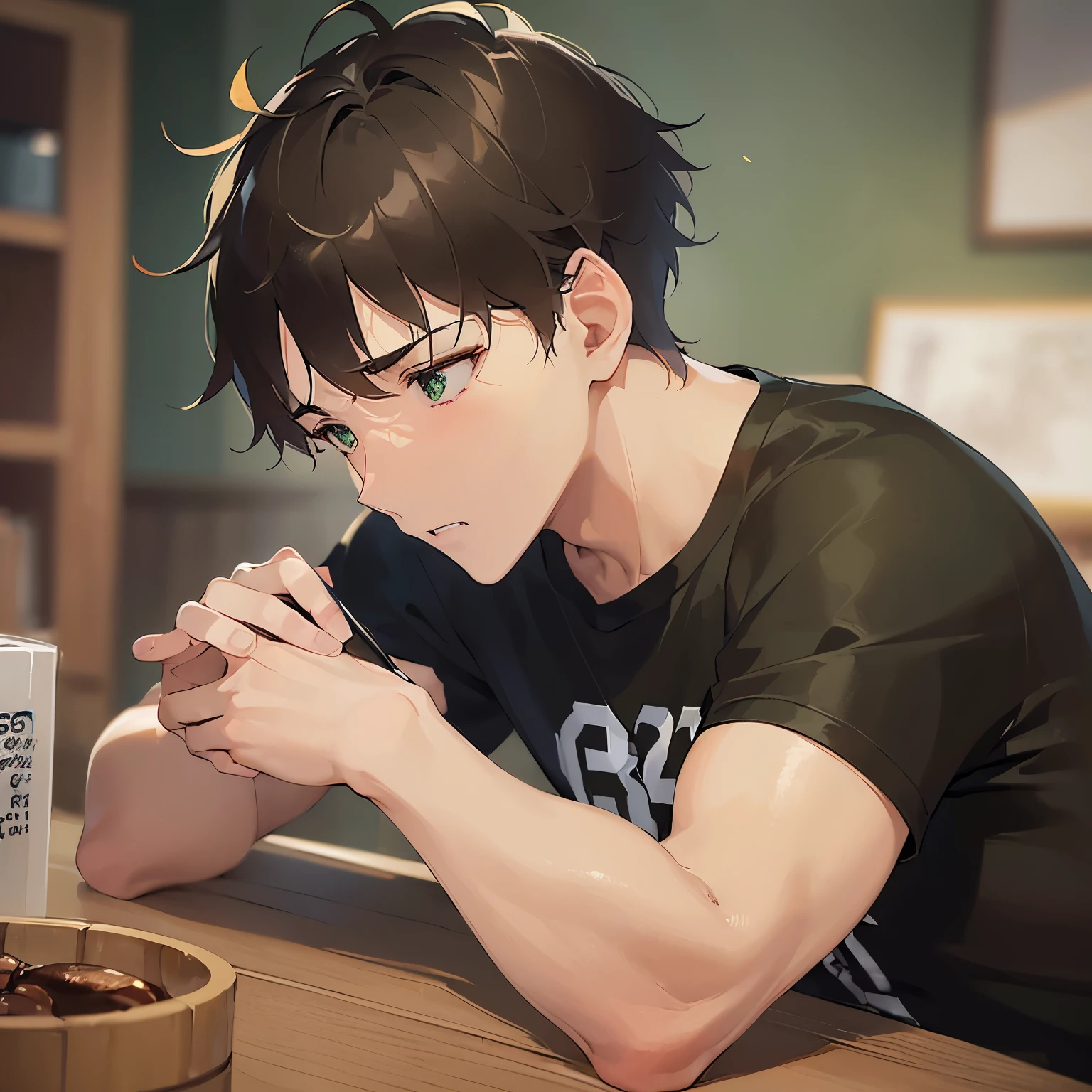 BREAK(25-year-old male:1.5) and (Brown short hair) and (Green Eyes)BREAK,
profile、(looking down:1.5),shiny skin, masterpiece、Highest quality、
(black T-shirts:1.5) ,
(sad:1.5),The background is the living room、(alone:1.5)