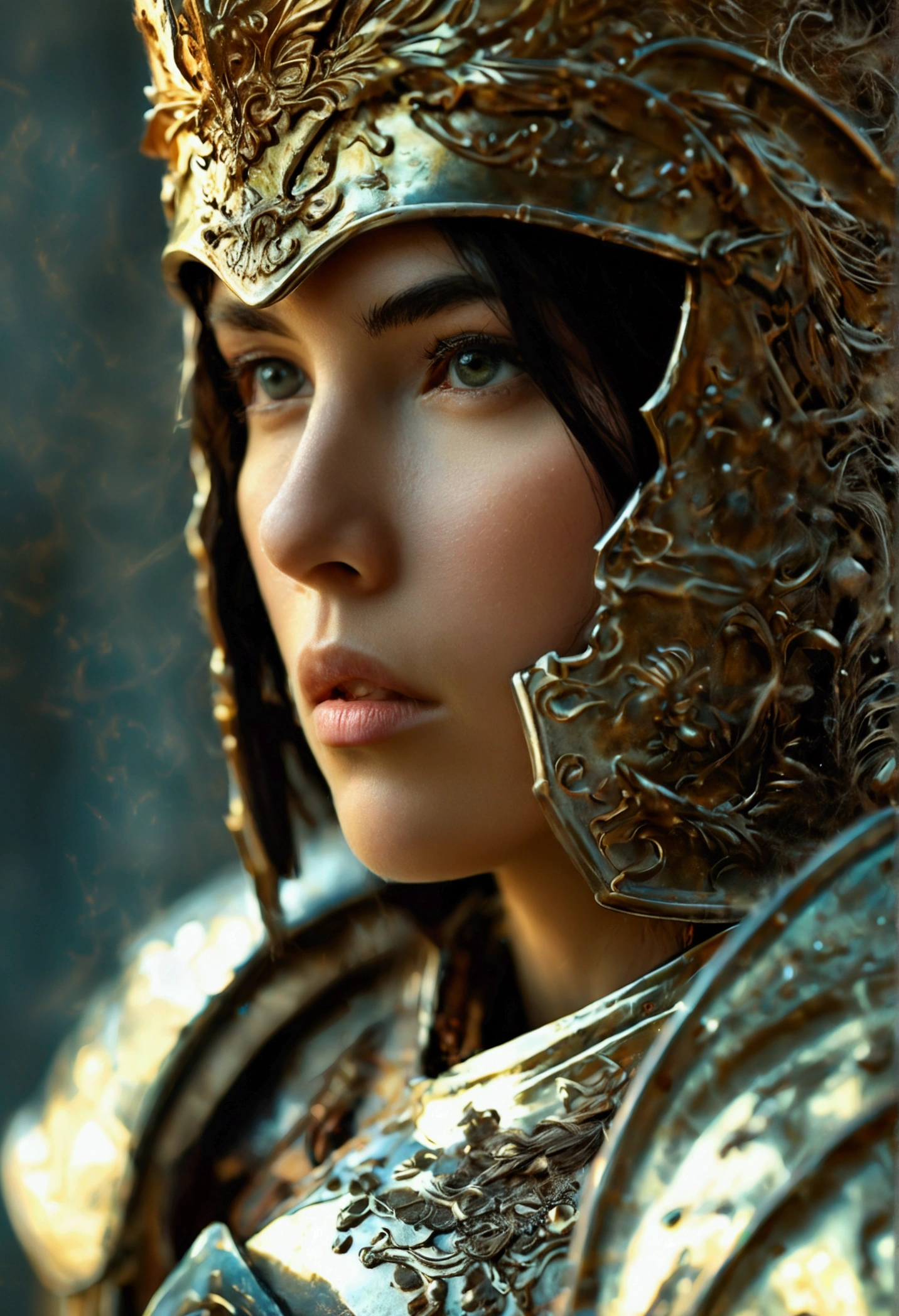 a female warrior, wearing shining armor, isolated against feminine background, high resolution, luminescent, minimalist