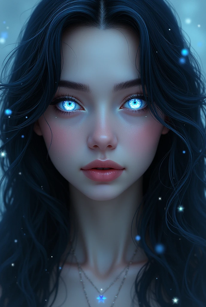 Silvia Jackson, , He has black hair with silver highlights, long and wavy, with a glow similar to that of a river under moonlight. Her eyes are light blue with six-pointed stars that shine softly."
