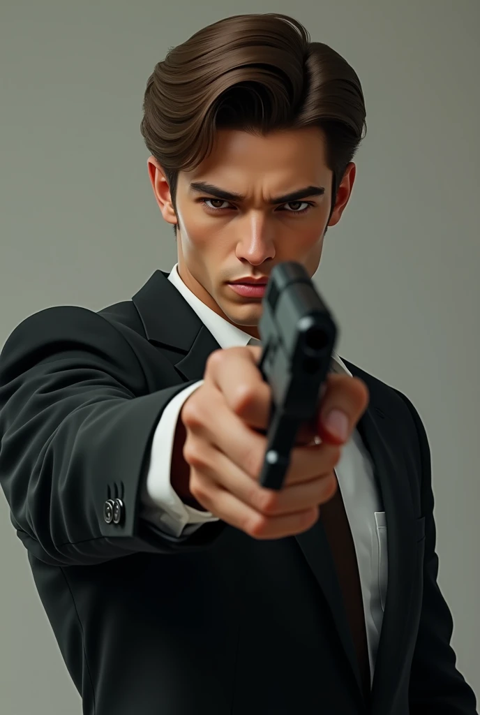 Young man with suit and gun, brown hair and brown eyes