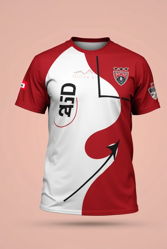 Uniform shirt with the name WONDY on the right side in average size and with the name GILDA on the left side in average size in black color, Red and white with a modern design, simple and fun