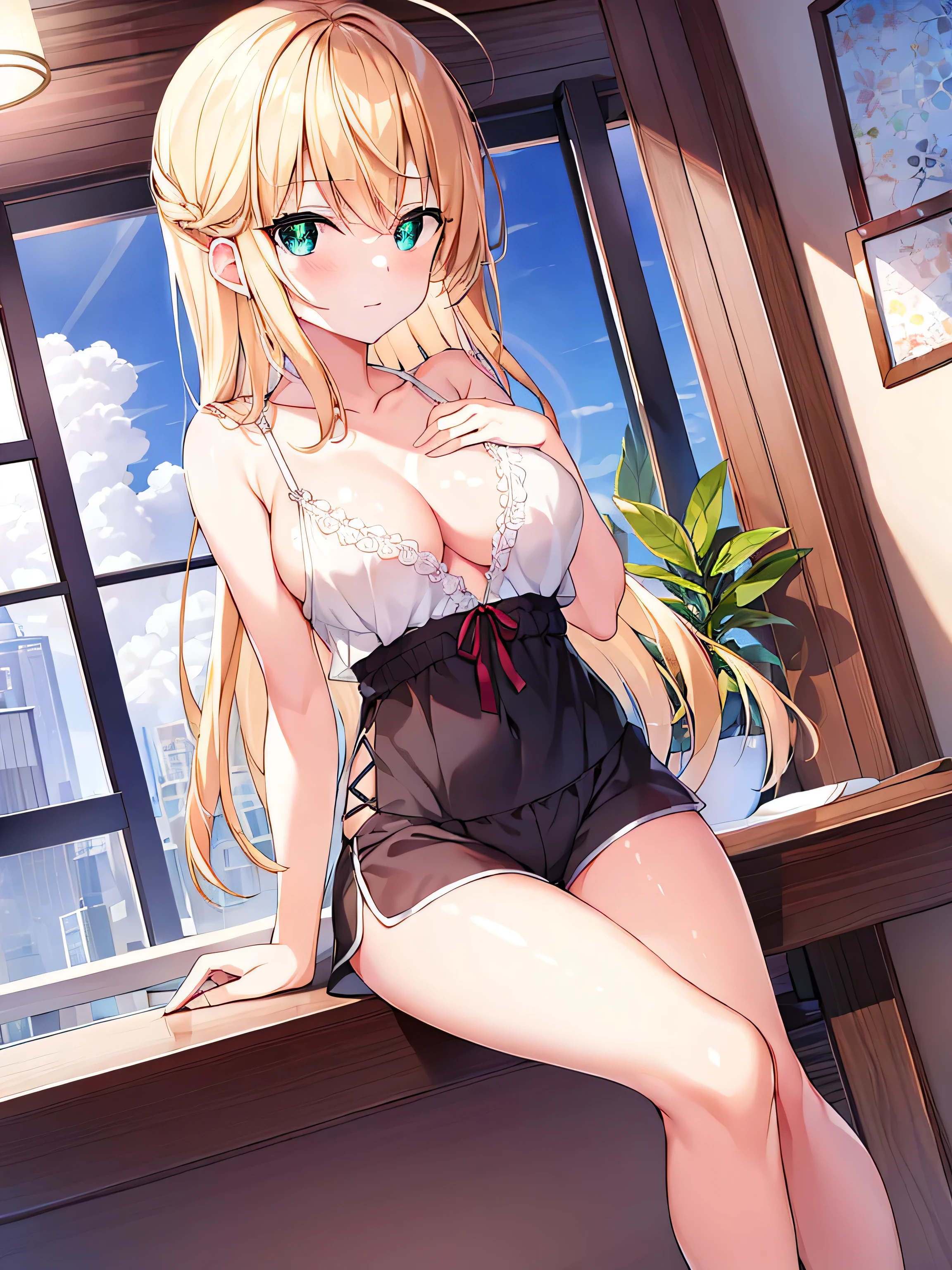 (masterpiece:1.2), best quality, high resolution, Unity 8K wallpaper, (illustration:0.8), (Beautiful and delicate eyes:1.6), Extremely detailed face, Perfect lighting, Extremely detailed CG, (Perfect hands, Perfect anatomical structure),1 girl, , Solitary, , Black_shorts, Play_, Purple_With eyes, shorts, Lopez,gold_hair, Double tail, hair_deco, fail, fail_, blush, curtain, sit, Sweating, Dutch Cupola_Cupola, indoors, fail_Play_, _Shoulder, band_Clip Slip, By Bangs, Deactivate_beak, star_(Symbolism), _top, short_shorts, star_hair_deco, window, V-shape_Eyebrows are very, clavicle, vague, Large_, _Clip Slip, Ahog, dolphin_shorts, Play_Plays, vague_background, Jewel-like, Side lock, White__top, varies through, shirt, short_Double tail, breast,nipple,underwear,White_shirt,