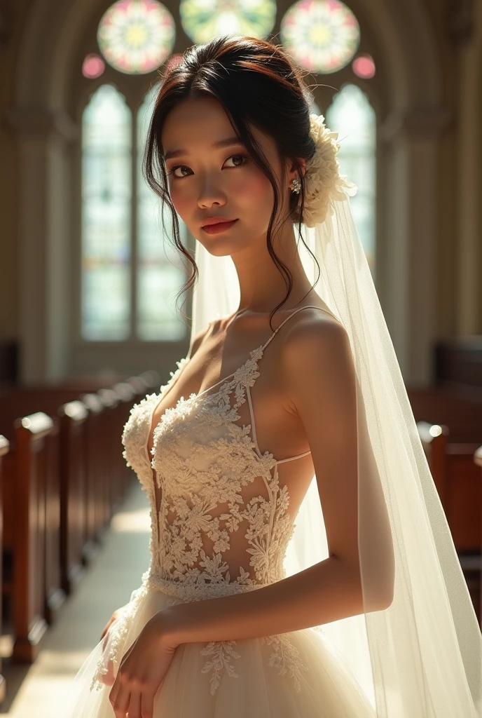 extremely beautiful asian woman, wearing wedding clothes, full body portrait, translucent body, front angle, curvy woman body shape, (small sized tits:1.2), (small sized tits:1.2), inside the church, (smooth skin:1.5), extremely detailed, (32k, RAW photo, UHD:1.2, captured by Hasselblad X2D), ultra detailed, ultra high resolution