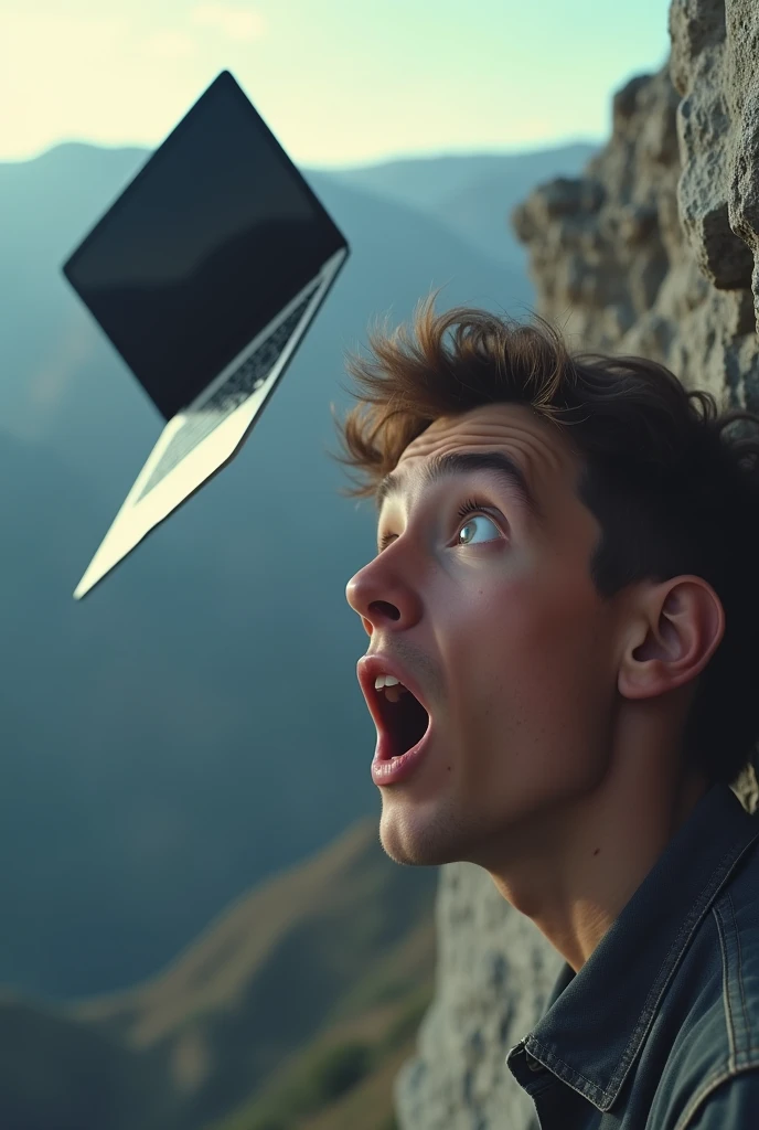 Crie uma thumbnail profissional. A young man came with a surprised face, looking at the laptop screen falling off a cliff