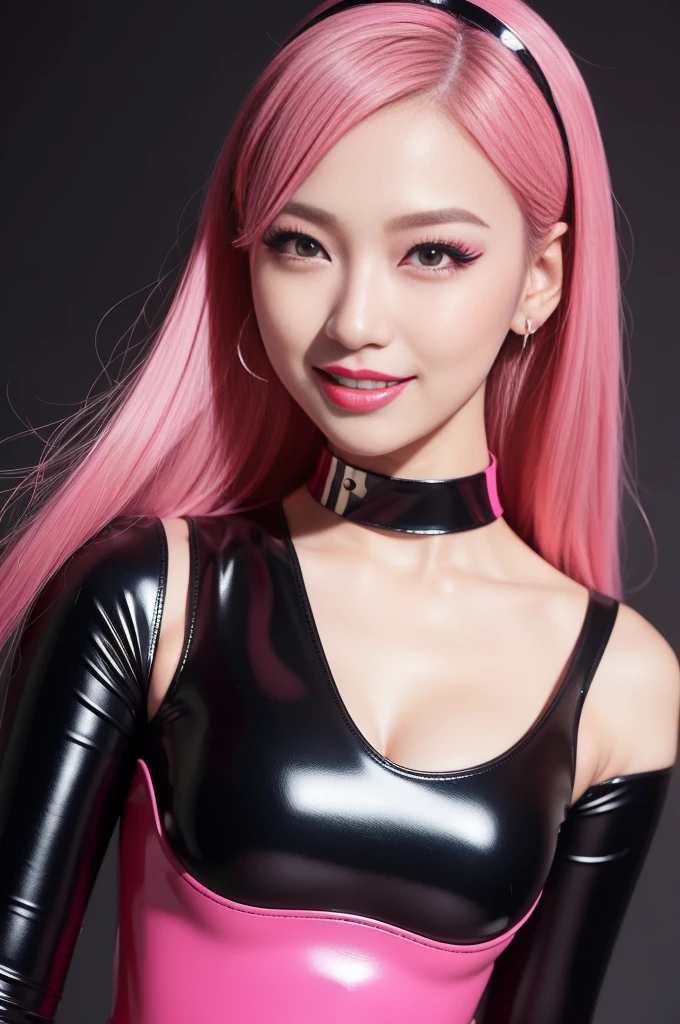 nsfw、sexy asian fashion model、glossy lipstick、smiling face、defined eyebrows、ultra detailed drama makeup、long lashes、full body Esbian、ultra detailed latex business dress（neon pink）、latex choker、latex bracelets、Colorful hair