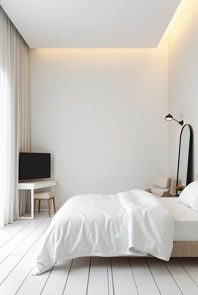 large white room , with a large bed, big tv, lamp on the ceiling, a full-length mirror and a vanity table for putting on my makeup